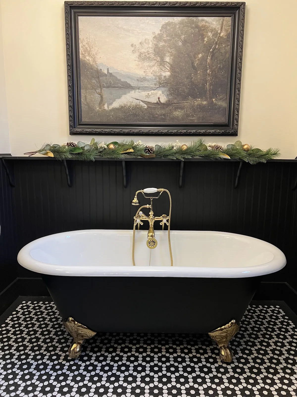 Bellingham church rectory bath with black walls, clawfoot tub and black-and-white mosaic tile floor in Bellingham, WA — Living By Design
