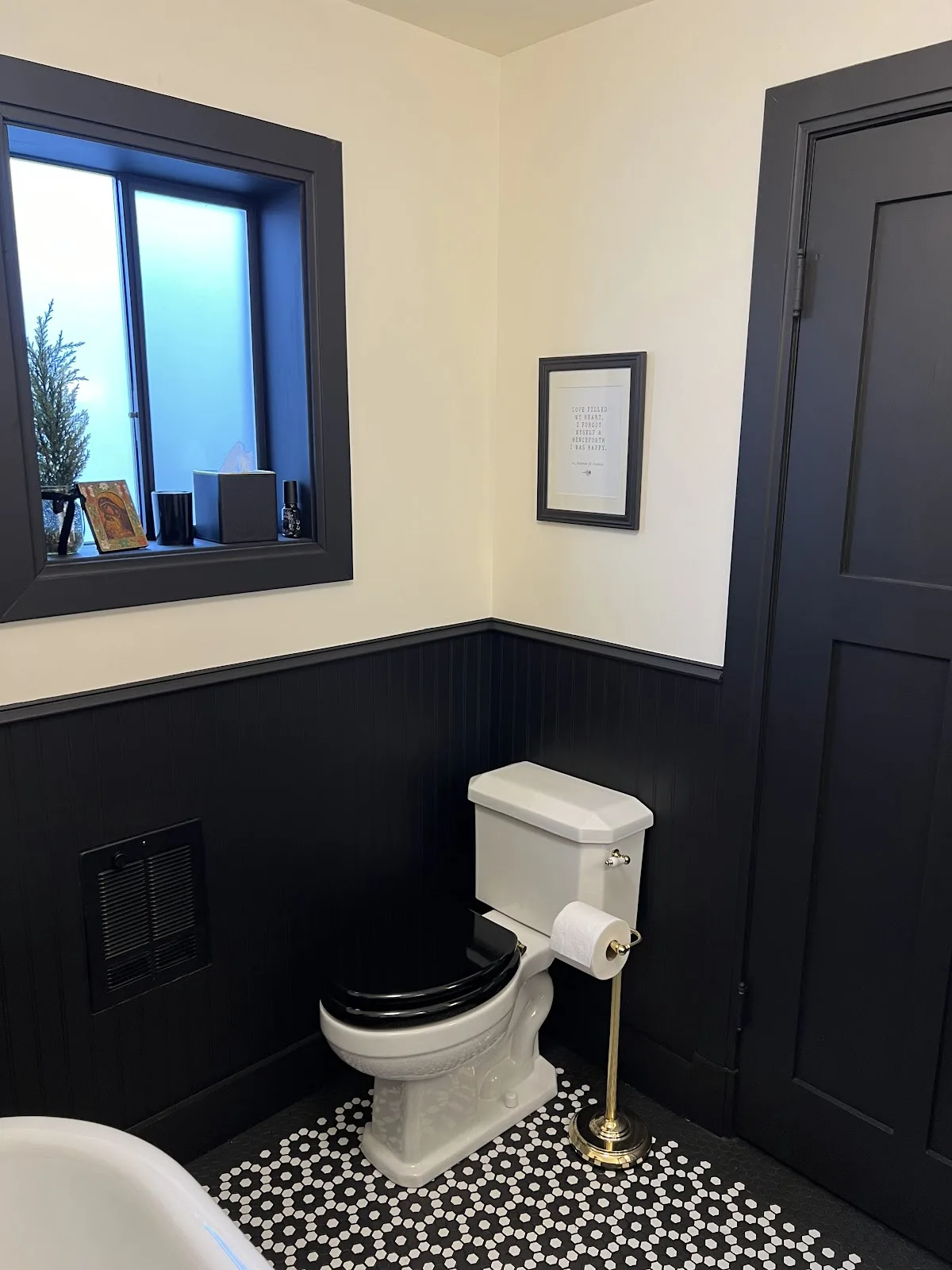Bellingham church rectory bath with black walls, clawfoot tub and black-and-white mosaic tile floor in Bellingham, WA — Living By Design (2)