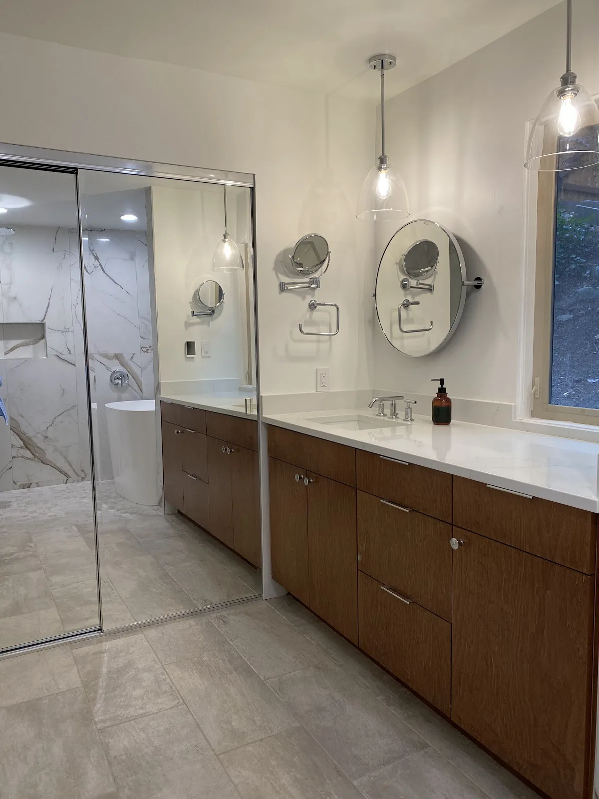 Bellingham bathroom with marble-look porcelain walls, wood vanity and freestanding tub in Bellingham, WA — Living By Design (5)