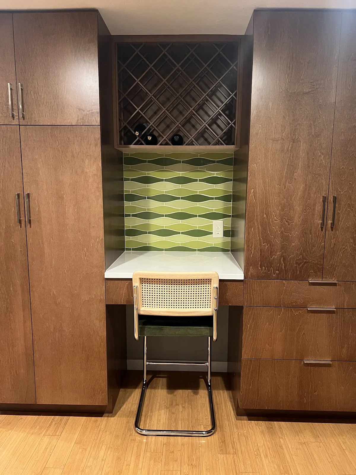 Mid-century Bellingham kitchen with wood cabinetry, quartz waterfall peninsula and green tile backsplash in Bellingham, WA — Living By Design (5)