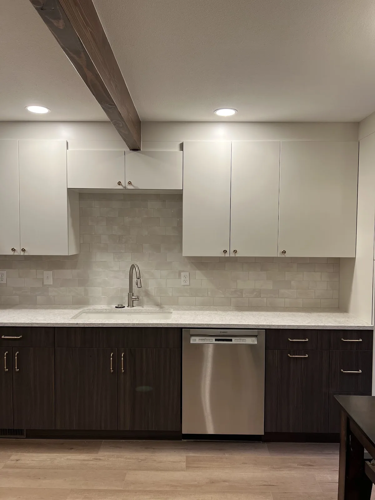 Ferndale kitchen with two-tone cabinetry, quartz counters and tile backsplash in Ferndale, WA — Living By Design (4)